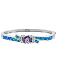 Sterling Silver Bangle Bracelet Synthetic Opal Inlay with 10 mm Round Amethyst CZ