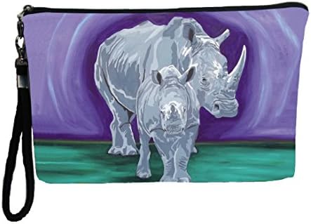 Rhino Large Vegan Wristlet, Pencil Bag, Cosmetic Bag - From My Original Paintings - Support Wildlife Conservation, Read How (Rhino - Stalwart Linage)