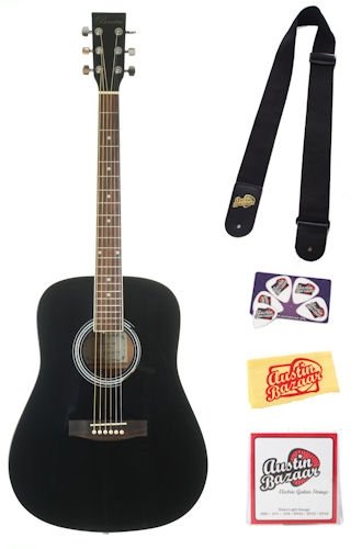 Barcelona D100 Full-Size Dreadnought Acoustic Guitar Bundle with Strap, Strings, Pick Card, and Polishing Cloth - Black