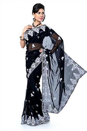 Designersareez Women's Chiffon Embroidered Saree With Unstitched Blouse Free Size Black