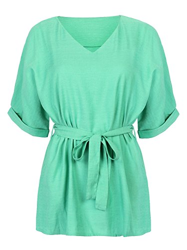 Persun Women's Green V Neck Bow Tie Belt Short Sleeve Flared Blouse
