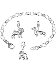 VINANI brand Germany 925 Sterling Silver Charm Bracelet Topic Dog with 3 charm pendants Pug Dog Sausage Dog Bulldog 19,5 cm (7.5") BHU