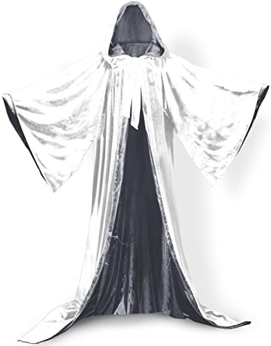 PingFeng Wizard Robe Velvet Hood Cloak Wicca LARP Goth Costume White-Silver XXXXL