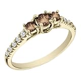 Three Stone White and Champagne Diamond 1/2 Carat (ctw) Ring in 14K Yellow Gold
