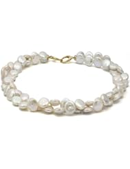 14k Yellow Gold 9-11mm White Coin Shape Freshwater Pearl 2 Rows Necklace 17" Length.