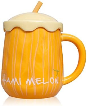 Pretty Housekeeper Cute Hami Melon Pattern Big Coffee Cup Ceramic Milk Mug with Dual-purpose Spoon/Straw and Lid,16 Oz