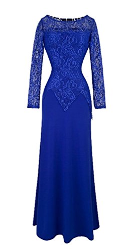 FORTRIC Women's Elegan Long Sleeve Blue Lace Bridesmaid Maxi Dress
