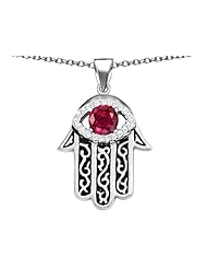 Original Star K (tm) Kabbalah Good Luck Hamsa Evil Eye Protection Pendant with Round Created Ruby in 925 Sterling Silver