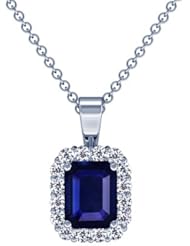 14K White Gold Emerald Cut Blue Sapphire And Round Diamond Pendant