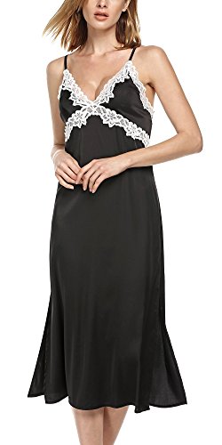 Ekouaer Women's Long Chemise Slip Lace Camisole Satin Nightgown