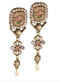 Victorian Elegance Dangle Earrings from Timeless Spark Collection by Michal Negrin Decorated with Rectangle Cameos and Flower Ornaments, Adorned with Beige, Light Pink, Ivory Swarovski Crystals and Dangle Beads