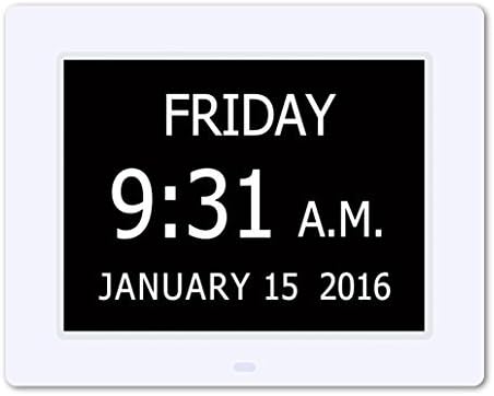 Gurgle Memory Loss Desk Wall Clock Digital Calendar 8 inches with Non-Abbreviated Day (White)