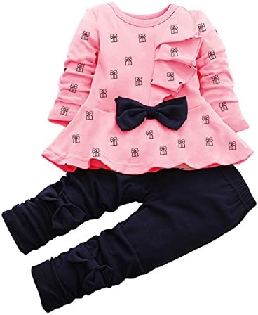 LaLaMa Baby Girl Cute 2 Piece Outfit Children Clothes Bowknot Top and Pants Set (6-12 Months, Pink 1)