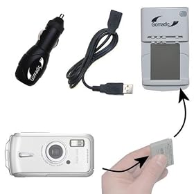 Portable External Battery Charging Kit for the Pentax Optio W10 - Includes Wall; Car and USB Charging Options
