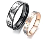 Lovers 316l Stainless Steel Black & Gold Plated "True Love" Engraved Cz GEM Mens Ladies Ring for Wedding Couple Engagement Promise Eternity (Available in Size 5, 6, 7, 8, 9, 10)