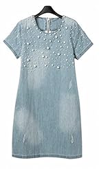 Denim Beaded Short Sleeves Spring Summer Mini Dress 