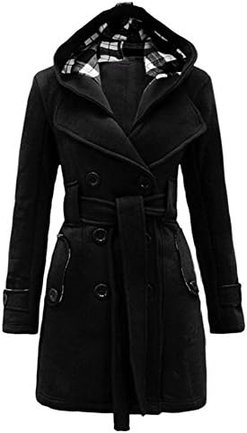 Daogugu Women's Winter Warm Fleece Check Hooded Double Breast Black Coat Jacket
