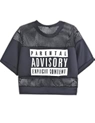 Apparel: Sheinside Womens Contrast Hollow Mesh Yoke Letters Print Top (S, Black)