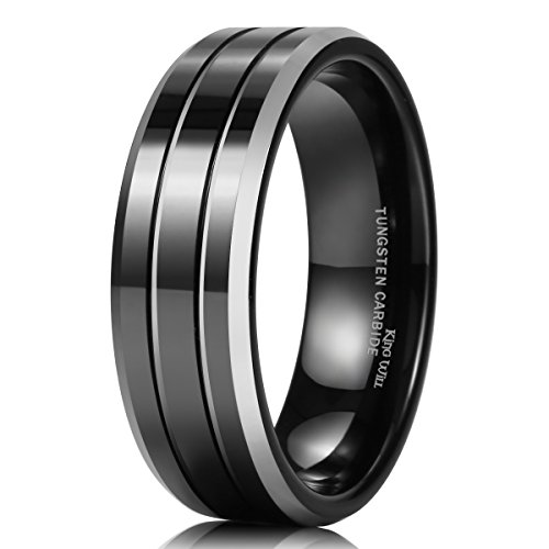 King Will 8mm Black Tungsten Carbide Rings Polished Beveled Edge Double Groove Wedding Bands (9)