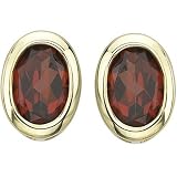 14K Yellow Gold Oval Shape Garnet Bezel Set Stud Earrings