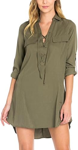 Women's Lace Up Tencel Dress Olive Medium
