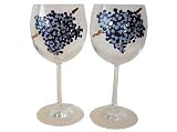ArtisanStreet's Grape Wine Goblets. Set of 4 Wine Glasses. Feature dark Purple Grapes on Clear Crystal. Gold Stems Behind Grapes. Hand Painted, One of a Kind, Signed by Artisan