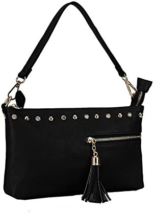 Diophy Half Metal Zipper with Tassel Decoration Rhinestone Clutch Cross Body Bag (Black)