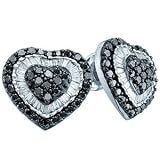 1 1/2 Carat Black & White Round & Baguette Diamond 14k White Gold Heart Stud Earrings