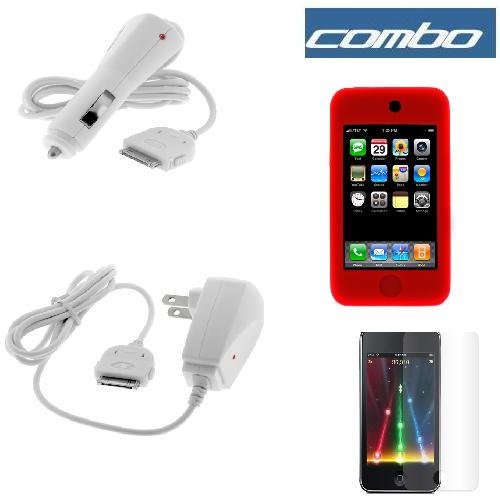 Red Durable Rubber Soft Silicone Skin Cover Case + Premium Clear Durable Reusable LCD Screen Protector + Rapid Car Charger + Home Travel Charger for Apple Ipod Touch Itouch 8Gb 16GB 32Gb 2G 3G 2nd 3rd Generation