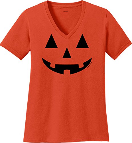 Joe's USA(tm) JACK O' LANTERN PUMPKIN Ladies Orange V-Neck Shirt-L