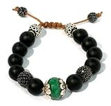 IMAGE OF Bracelet with Original Tibetan 14mm Emerald on Sterling Silver Setting with Two 10mm Black CZ Pave Two Bali Beads on 10mm Matte Onyx with Tan Cord Macrame Lock and Two 8mm Black CZ Pave Handmade Unisex Adjustable
