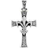 Sterling Silver Fleur de Lys on Cross Pendant w/ Clear CZ Stones, w/ 18" Thin Box Chain