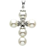 14K White Gold Pearl and Diamond Cross Pendant - 37.00x25.00mm