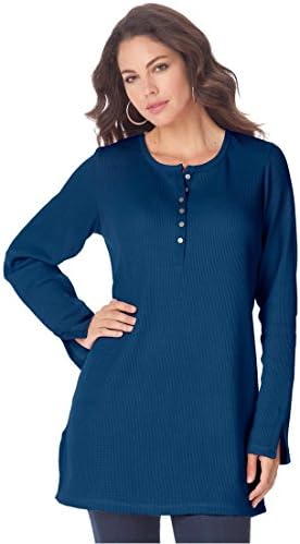 Roamans Women's Plus Size Thermal Henley Tunic (Marine Blue,S)