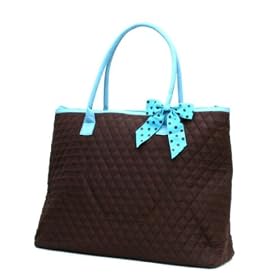 Belvah Large Quilted Tote Bag - Blue, Chocolate Brown