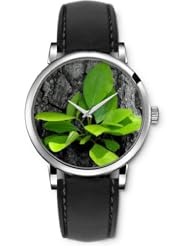 SPRAWL Aanalog Fashion Series Silver Ladies Watches of Genuine Black Leather Strap,Unique Wrist Watch for Women Girls Designed with green leaves