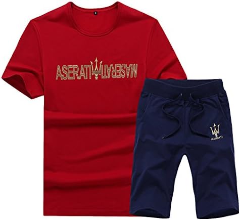 CityCloverBek Men's Summer New 2 Piece Letter Printed Abbreviate Sleeve Tracksuit Red M