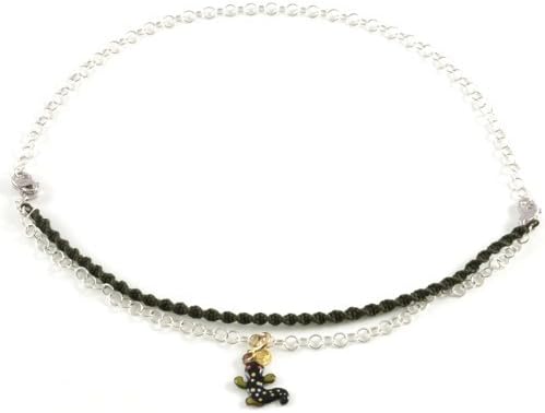 Gli Amorini Gabriella Rivalta silver necklace/bracelet with black gecko pendant Gli Amorini, Melodoro Collection Gabriella Rivalta. Silver and green cotton lanyard necklace, black gecko pendant; the necklace is equipped with two carabiners that allow to wear the jewel as a unique necklace or as two separate bracelets: a bracelet composed of chain + lanyard, the other composed of the single chain. The enamelled copper and gold carabiner pendant may be locked in any position.