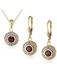 Goldtone Finish Silver Garnet and Diamond Accent Round Pendant Necklace and Leverback Earrings Set