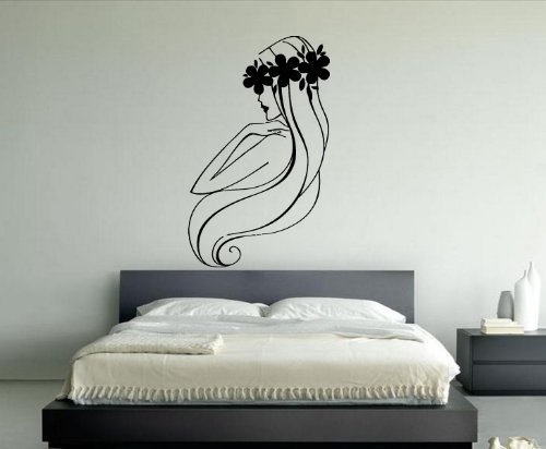 Room Wall Decor Vinyl Sticker Room Decal Art Girl with Flower Wreath Crown Salon Long Hair 871