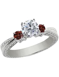 1.24 Ct Round H/I Diamond Red Garnet 925 Sterling Silver 3-Stone Ring