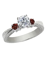 1.24 Ct Round H/I Diamond Red Garnet 925 Sterling Silver 3-Stone Ring