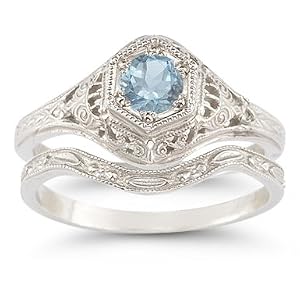 Antique-Style Aquamarine Wedding Ring Set by
