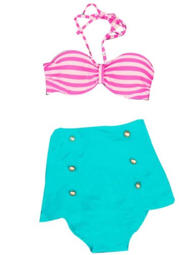 Vintage High Waist Bikini Swimsuits Swimwear Pink Stripe Top Light Blue Bottom