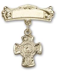 14K Gold Baby Badge with 5-Way Charm and Arched Polished Badge Pin