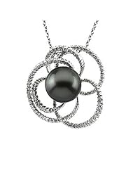 14K White Gold Tahitian Cultured Near Round Dark Grey "B" Quality Pearl and Diamond Pendant -- LIFETIME WARRANTY