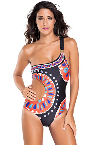 EVALESS Womens Colorful Print One Shoulder One Piece Swimwear