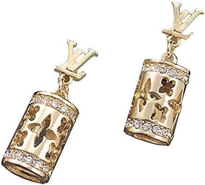 Yellow Gold Plate Stud Earrings and White Crystal Chain Hanging Down,there Are Beautiful Patterns