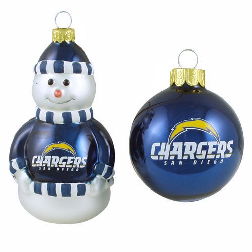 NFL San Diego Chargers Snowman and Ball Mini Blown Glass Ornaments