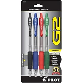 Pilot G2 Retractable Premium Gel Ink Rolling Ball Pen, Ultra Fine Point, 4-Pack, Assorted Colors, Black/Blue/Red/Green Inks (31276)